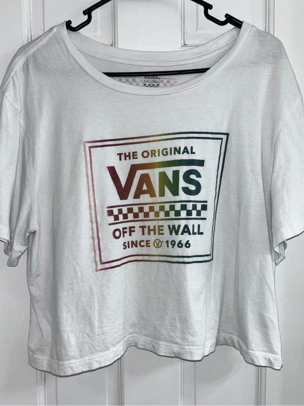 Vans White Cropped Tee with Rainbow Logo